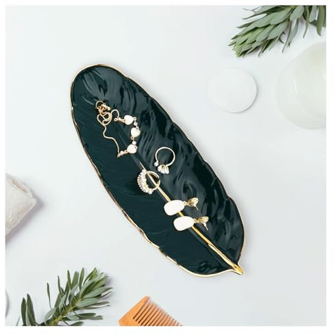 YoHyien Ceramic Trinket Dish, Feather Shaped Jewellery Dish Tray, Decorative Ring Dish, Trinket Tray for Necklace, Bracelet, Earrings, Jewelry Dish Gifts for Women, Nana, Mother, Daughter (Cyan)