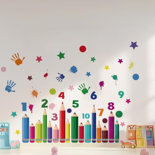 SUPERDANT Wandtattoo Bunte Bleistift Wandsticker Zahlen Kinderzimmer Wandaufkleber DIY Vinyl Wandsticker Abziehen Und Aufkleben Wanddekor Für Kinderzimmer Spielzimmer Klassenzimmer