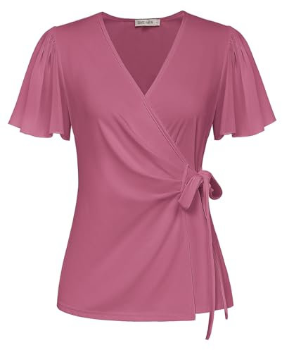GRACE KARIN Camicetta avvolgente da donna, elegante, con scollo a V, in chiffon, a maniche corte, casual, estiva, per il tempo libero, Prugna Rosa, XL