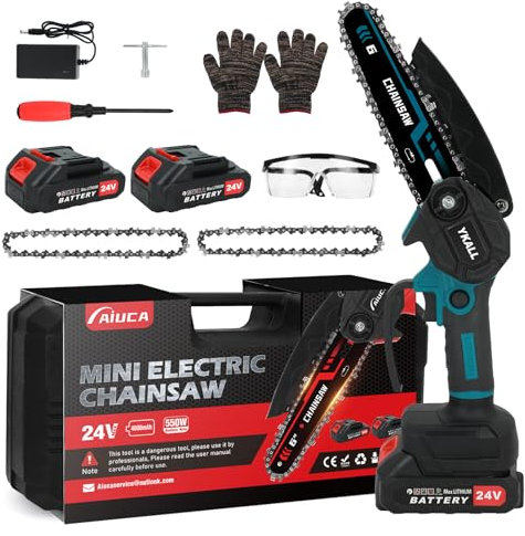 Ykall Mini Kettensäge 24V mit 8000mAh Akku, 6 Zoll Akku-Kettensäge mit 2 Leistungsstarken Akkus & 2 Ketten – Sicherheitssperre & Kraftvoller Motor für Effiziente Holzarbeiten, Baumschnitt