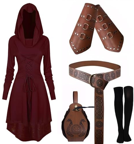 CNVAUIE Mittelalter Kleidung Kostüm Damen Set Mittelalterliches Kapuzenkleid Set Renaissance Kostüm Set mit Armschützern Gürtel Gürteltasche Strümpfe Zubehör