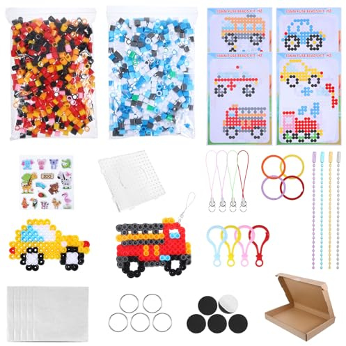 Bügelperlen Platten Kit,Inklusive 1000 Große Bügelperlen,mit Aufhängezubehör und Aufklebern,Verkehrsserie Steckperlen Platten für Geburtstagsgeschenk,Geschenk zum Kindertag,Schmuckperlen & Zubehör(C)