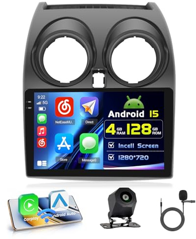 Hikity 4+128G 9 Radio Android para Nissan Qashqai J10 2006-2016 | Incell Pantalla Táctil Wireless Carplay Autoradio 2 DIN GPS Navi Bluetooth 5.0 WiFi FM/RDS Cámara Trasera EQ 4+128G