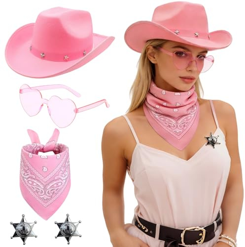 AYNKH 5PCS Chapeau de Cowboy Western,Déguisement pour Adultes avec Lunettes de Chapeau Cowboy rose Soleil et Bandana Badge,Accessoires de Costume pour Halloween et Carnaval