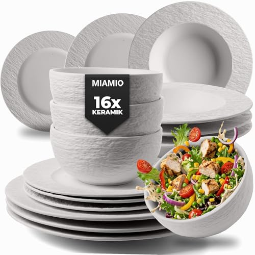 MIAMIO – Set di stoviglie da 16 pezzi/Stoviglie moderne in ceramica/Stoviglie da tavola/Set per 4 persone - Collezione Oasis (Bianco, 16x)