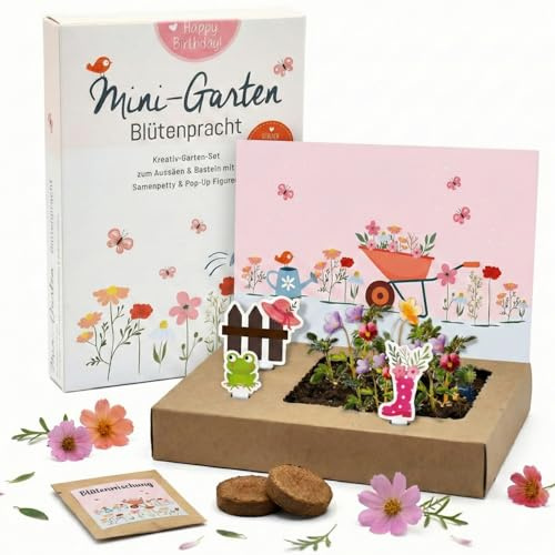 Geburtstagsblumenstrauß zum Aussäen Mini Garten Blütenpracht Saatgut Set | Mit Blumen-Saatgut, Erde und Dekofiguren - kreatives Pop-up-Garten-Set als nachhaltiges Geburtstagsgeschenk aus Deutschland