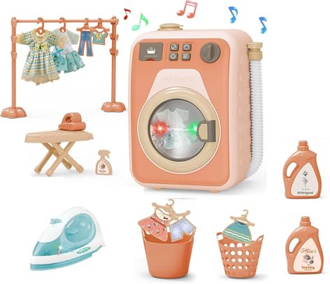 Lavatrice per Bambini,Giocattolo elettronico della Lavatrice con Suoni realistici,Set di Giocattoli per Lavatrice,Set di Lavanderia per Bambini con Ferro da stiro - 3 Anni+ Idea regalo