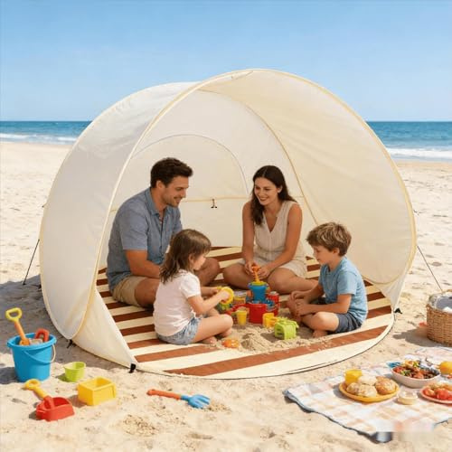 Tente De Plage Pop-up avec Protection UV 3-4 Personnes UPF 50+ | Tente Plage Bebe Anti UV Pliable Avec Protection Solaire, Tentes De Plages, Abris DePlage Pour Extérieur Vacances Camping