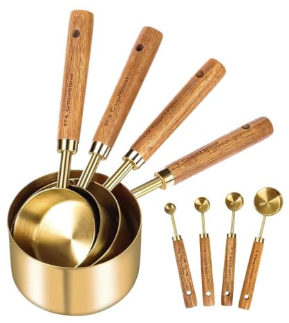 Cucharas y Tazas Medidoras Set Apilable 8 Piezas Dorado Para Cocina | Tazas Medidoras Acero Inoxidable Con Mango De Madera Para Hogar Cocina Repostería Apartamento