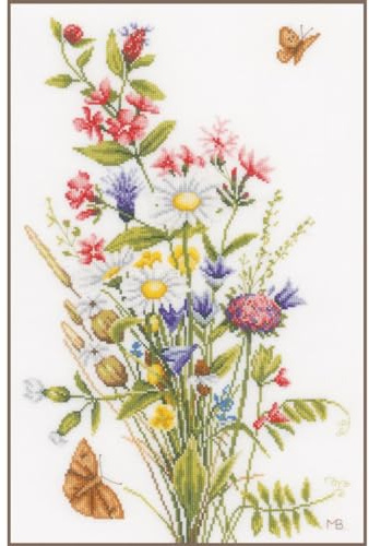 Lanarte Kreuzstich Stickpackungen Gezählter Kreuzstichbilder Set FELD- UND WIESENBLUMEN Wanddekoration Handarbeit Set für Erwachsene 31 x 47 cm DIY Deko Bastelset Handwerker Kreative Geschenkset