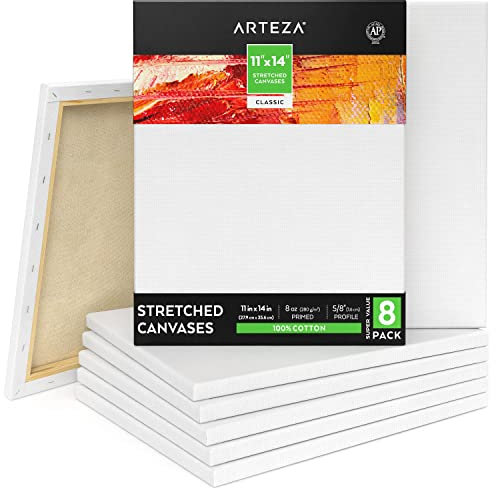 ARTEZA Leinwand auf Keilrahmen | 28cm x 35,5cm Großpackung mit 8 | Weiß, Grundiert 100% Baumwolle | Ideal für Malerei, Acrylgießen, Ölfarben & Nasse Kunstmedien | Leinwände für Profis & Hobbymaler