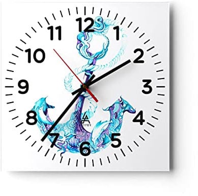 Modern Wanduhr Korallen Quallen Anker Seil 40x40cm Quadrat Groß Wand Uhr Glas Analog Zimmeruhren Küche Büro Wohnzimmer Glasuhr Wall Clock Dekoration Design Wanddekoration Küchenuhr C4AC40x40-3060