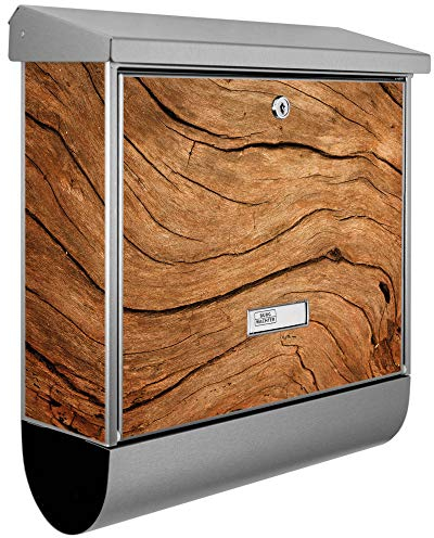 banjado® Burgwächter Briefkasten Edelstahl 38x39x12cm mit Motiv Trockenes Holz/Briefkasten Edelstahl ohne Zeitungsfach/Briefkasten grau/Postkasten inkl. Montagematerial & 2 Schlüsseln