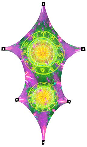 PSYWORK Schwarzlicht Segel Spandex | Goa Zodiac Signs Green | 2,0 x 1,0m | UV-aktiv | Leuchtend | Wandtuch Wandbehang Stoff Neon Deko Party Tuch Tapestry Poster PSY
