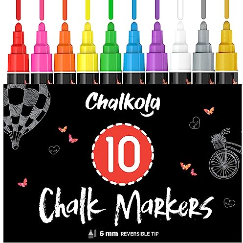 Chalkola 10 Kreidestifte für Tafel Abwaschbar - (10 Stifte, 6mm Kreidestift) Kreidestifte für Fenster, Tafelkreide & Glasstifte, Chalk Marker, Kreidemarker Abwischbar, Fensterfarben Kinder