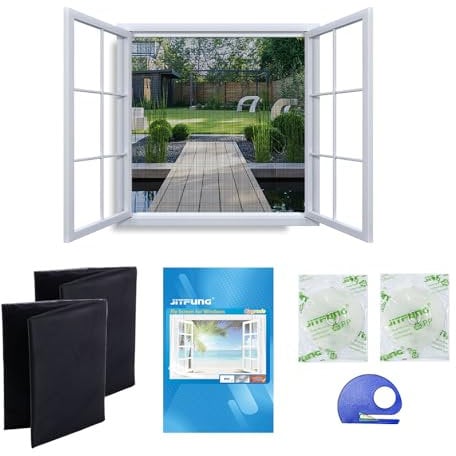 JIT-FUNG Fliegengitter Fenster, Zuschneidbares Moskitonetz, Insektenschutz mit Starkem Klettband [SPURLOS] & Zuschneider, Fliegen Netz ohne Bohren – Schwarz, 130 x 155 cm (Quadrat, 2er-Set)