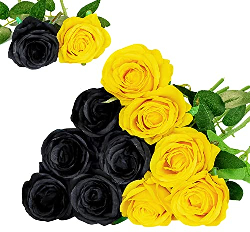 Floralsecret 14 Pcs Artificial Silk Rose Flower Bouquet Faux Flowers(Black&yellow)
