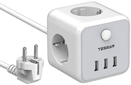TESSAN Mehrfachsteckdose Würfel USB, 3fach USB, Cube Steckdosenwürfel mit Schalter, Steckdose mit USB Würfel Verlängerungskabel 1,5m, Steckdosenwürfel Grau Steckerleiste für Büro Gray