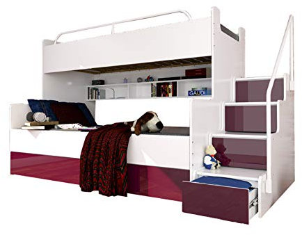Alter GM Bunk Bed JESSIE 3B for 2 children Stairs Shelves Drawers Rail Modern High Gloss Inserts (White with Purple)