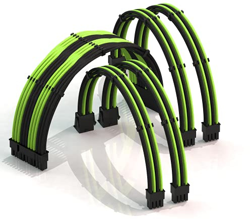 LINKUP - 50cm Super Soft and Flexible PSU Cable Extension Sleeved Custom Mod GPU PC Braided w/Comb Kit | 1 x 24 P (20+4) | 2 x 8 P (4+4) CPU | 2 x 8 P (6+2) GPU set | 500mm - BlackGreen