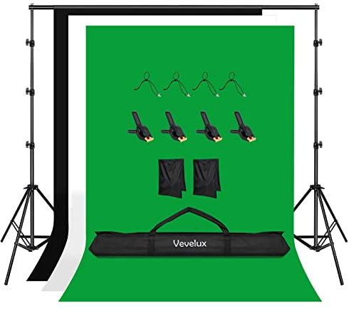Vevelux Kit Supporto Fondale Sfondo Fotografico 2,6 X 3 M Regolabile, piu Tre Teli in Poliestere (Bianco, Nero, Verde) e 8 Clip per Studio Fotografico, Video e Ritratti