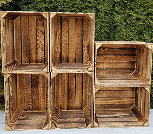 Caisses en Bois Massif pour Rangement et Déco – Lot de 2 à 12 – 40x30x25 cm – Effet Brûlé Unique – Empilables – Style Vintage, Rustique, Industriel (Effet brûlé, 6)