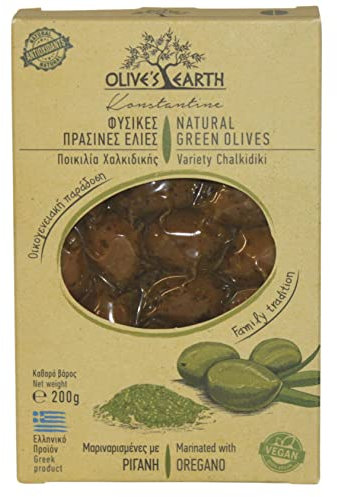 Olive's Earth Olive Verdi Greche di Marinate Con Origano Varietà Calcidica, Pacco da 4 x 200g (Totale: 800g)