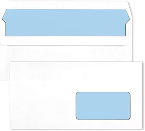 Netuno 100 weiße DIN lang Umschläge mit Fenster rechts 110x 220 mm 80g Briefumschläge weiß mit blauem Innendruck gerade Klappe selbstklebend weiße Fensterbriefumschläge DL