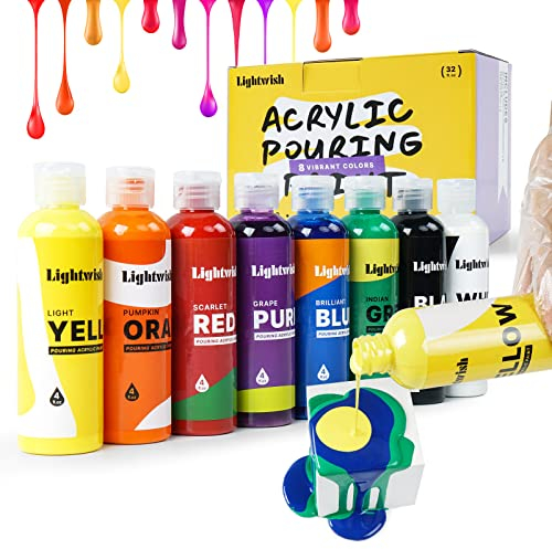 LIGHTWISH Pouring Acrylfarben Set, 8 klassische Farben, 118 ml Flaschen, vorgemischte und hochfließende Acrylfarbe, kein Mischen erforderlich, Wasserbasis