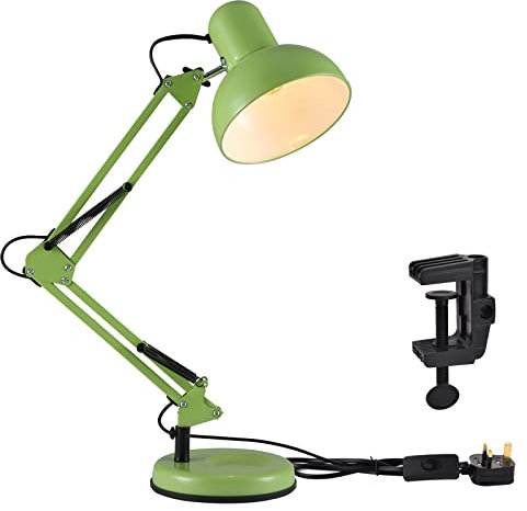 TEKLED® LED Desk Lamp | Adjustable Swing Arm | Replaceable E27 Edison Screw Bulb Holder | Flexible Table Clamp | for Bedside Reading Office Work Architects Students (Swing Arm Green)