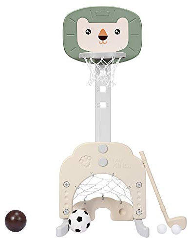 DREAMADE Panier de Basketball pour Enfants 3-en-1 avec But de Foot et Clubs de Golf, Support de Basket Réglable en Hauteur de 77 CM à 116 CM avec Basket/Football/Golf, Enfants 2 Ans+ (Lion, Vert)