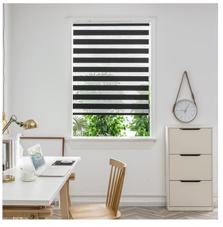 Aprica Day Night Zebra Cassette Window Roller Blinds with Child Safety Clips - Double Fabric Dim or Translucent Vision Durable Easy to Fit Install Wipe Clean (Black, Width 180cm - Drop 160cm)