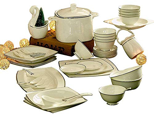 Generic Piatti Piani, Servizio da tavola Resistente, Servizio da tavola Bianco da 58 Pezzi, Servizio per 10, Servizio da tavola in Porcellana Elegante con Bordo in Rilievo e Argento, miglior Regalo