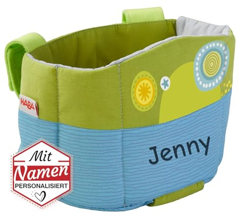 HABA Puppen-Fahrradsitz Sommerwiese, Puppen-Fahrradsitz mit Namen Bestickt, personalisiert mit Wunschname, Geschenk zum Geburtstag & Ostern, für Puppe, Teddy, Roller, Laufrad, Schlitten, Klett