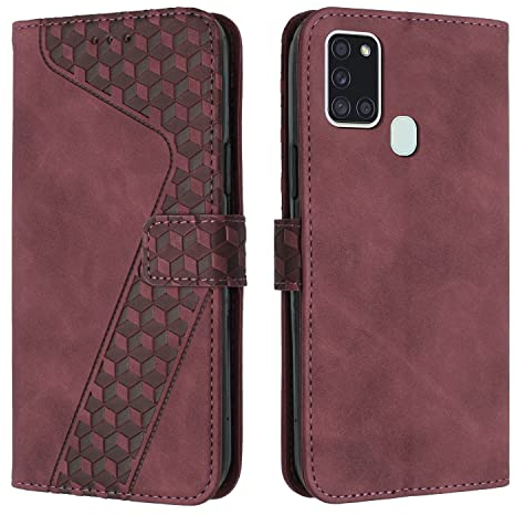 OKZone Kompatibel mit Samsung Galaxy A21S Hülle, Handyhülle Samsung A21S, PU Leder Tasche Wallet Schutzhülle Galaxy A21S, Flip Cover Klappbar Brieftasche Etui mit Magnet TPU Lederhülle (Rot)
