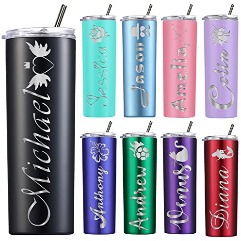 Gobelet Personnalisé avec Couvercle et Paille Gobelet Isotherme 20 oz gravé au laser Gobelet en acier Inoxydable Personnalisé avec nom pour Hommes Femmes