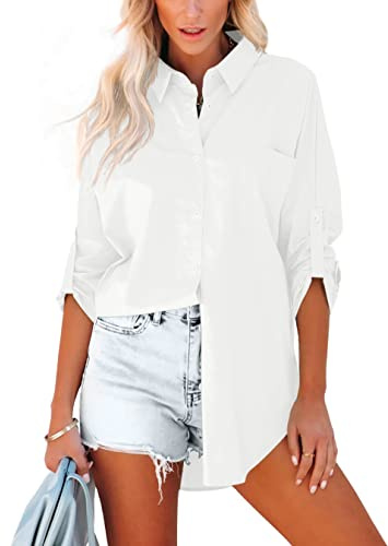 Homlan Camicia da Donna in Cotone, a Maniche Lunghe, Arrotolabile, Elegante, Casual, con Bottoni, Tinta Unita, a Maniche Lunghe, con Tasche sul Petto