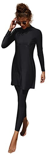 Muslim Swimming Costume, Modest Swimwear for Women, Islamic Burkini Swimwear for Ladies, Full Body Swimsuit Long Sleeve Top Skirt and Pants Set Two Pieces Full Coverage Bathing Suit Black L