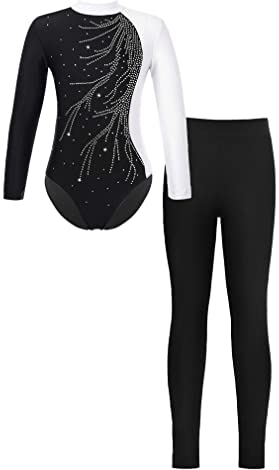 FEESHOW Mädchen Turnanzug Langarm Gymnastikbody Tanz Ballett Leotard Strumpfhose Sportanzug Leggings Bodysuit Set Wettkampf Tanzkleidung F_Weiß&Schwarz 158-164/13-14 Jahre