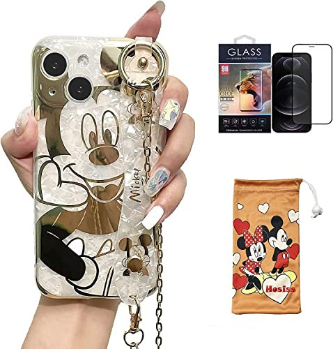 Hosiss Cartoon-Schutzhülle für iPhone 14 Plus, 17 cm (6,7 Zoll), mit HD-Displayschutzfolie, Micky Maus mit Handschlaufe, Ständer, Metallkettenriemen, weiches TPU, stoßfest, Schutz für Mädchen und