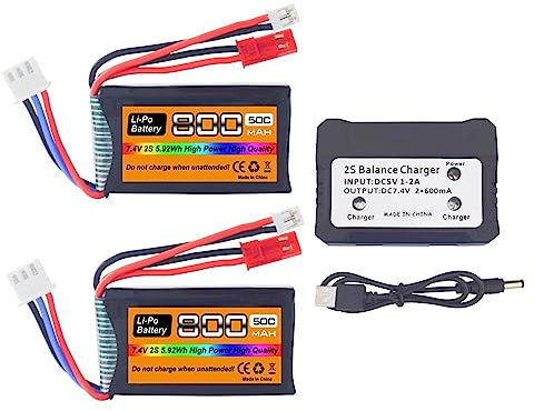 ZYGY 2PCS 7.4V LiPo 2S 50C 800mAh JST and PH2.0 plugs with 2 in 1 charger for SCX24 RC Car Batteries Compatible with 1/10, 1/16, 1/18, 1/24 Scale RC Car, Truck and RC Drone Batteries