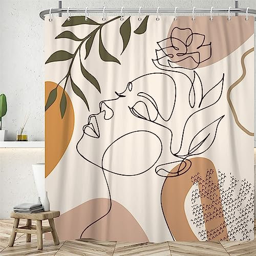 Uiiooazy Rideau Douche Anti Moisissure, Rideau de Douche Orange 180x220cm Visage Abstrait Femme Rideaux de Baignoire Tissu Lavable Imperméable Polyester Rideaux Salle de Bain avec 12 Crochets