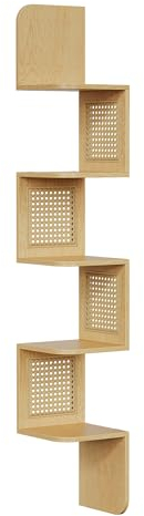 VASAGLE Libreria Angolare, Mensola Angolare da Muro a 5 Ripiani, Portante di 25 kg, Lati in Rattan PVC, Scaffale Compatto, Cucina Camera da Letto Soggiorno, Stile Boho, Beige Rovere LLS582Y57