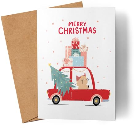 Lilavie-Design Merry Christmas Karte Weihnachtskarte Katze Auto Wichteln Xmas Süß Geschenk-Idee