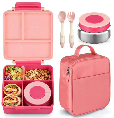 Bento - Juego de lonchera para niños con termo de sopa de 8 onzas, recipientes de almuerzo a prueba de fugas con 4 compartimentos, tarro térmico de comida caliente para niños y bolsa de almuerzo