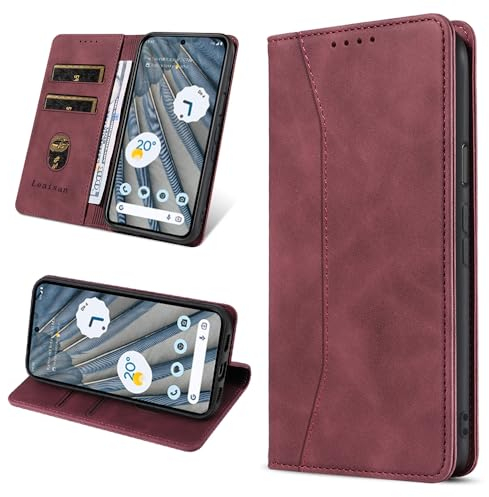 Leaisan Handyhülle für Google Pixel 7A Hülle Premium Leder Flip Klappbare Stoßfeste Magnetische [Standfunktion] [Kartenfächern] Schutzhülle für Pixel 7A Tasche - Wein Rot