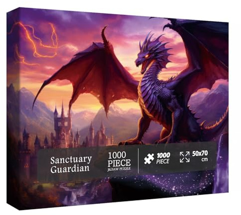 Fantacy Dragon Puzzle 1000 Teile Cool Gradient Castle Jigsaw Puzzle für Erwachsene Sonnenuntergang Hexe Lila Puzzle - Sanctuary Guardian