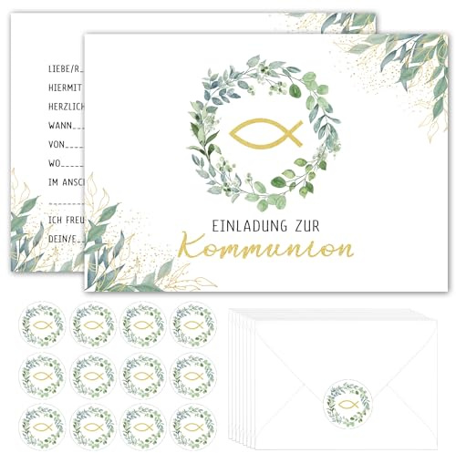 Ozagkad 20er Set Einladungskarten Kommunion, Einladung Kommunion Junge Mädchen, Erstkommunion Einladungskarten mit Umschlag und Aufklebern, Perfekt für Christliche Feste Babygeburtstag