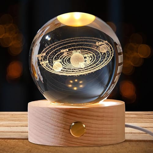 TZQFROCE 3D Planet Kristallkugel Nachtlicht mit Holzsockel Sonnensystem Kristallkugel Kreative Nachtszene Astronomie Ball 3D Solar System Crystal Ball für Weihnachten Geburtstag Home Dekor