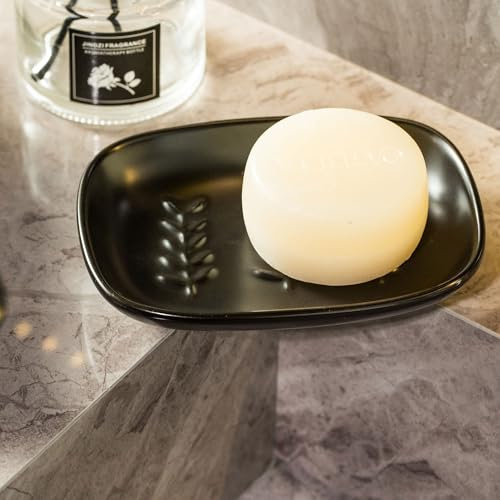 Miamolo Soap Dish Soap Holder Shower, Ceramic Soap Dishes for Bar Soap Sponge, Shower Saver Tray for Bathroom Kitchen Sink, Raised Leaf Design, Black